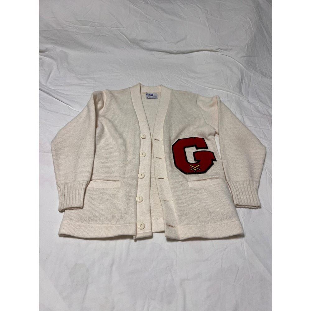 Vintage Dehen Varsity Cardigan Sweater Cream Letterman G Patch Mens 36